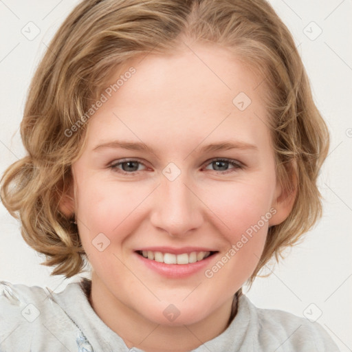 Joyful white young-adult female with medium  brown hair and blue eyes