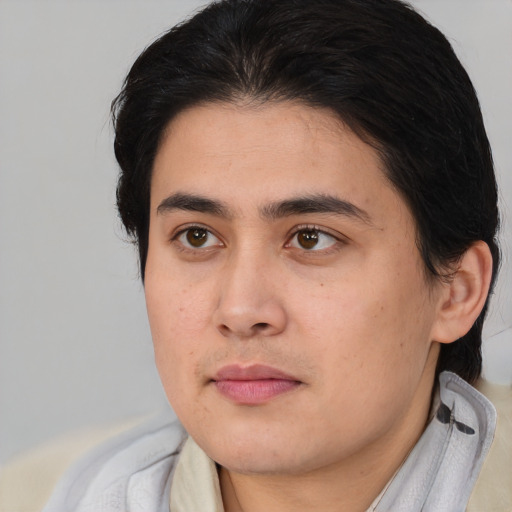 Joyful white young-adult male with medium  brown hair and brown eyes