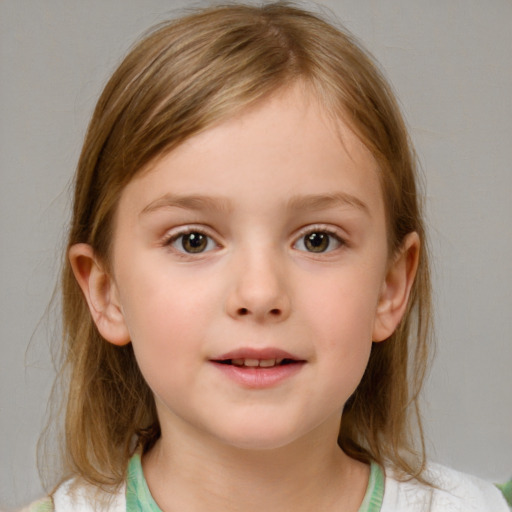 Neutral white child female with medium  brown hair and blue eyes