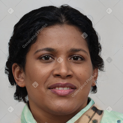 Joyful asian adult female with medium  brown hair and brown eyes