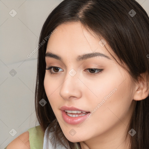 Neutral white young-adult female with medium  brown hair and brown eyes