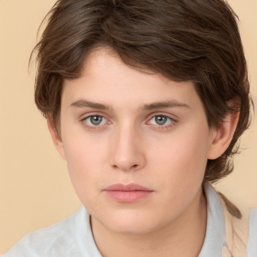 Neutral white young-adult female with short  brown hair and brown eyes