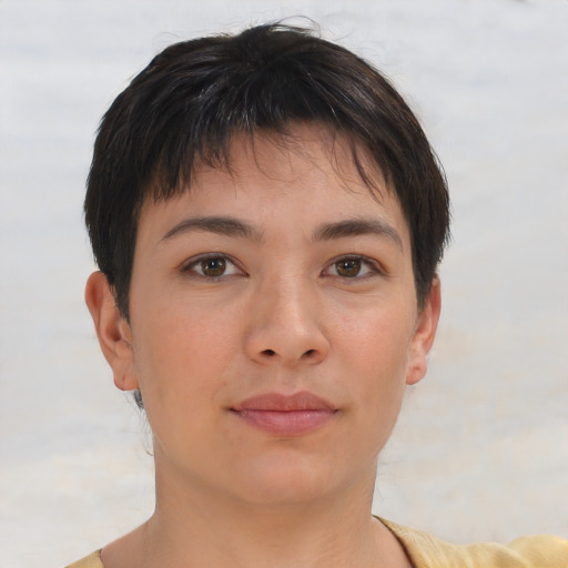 Neutral asian young-adult female with short  brown hair and brown eyes