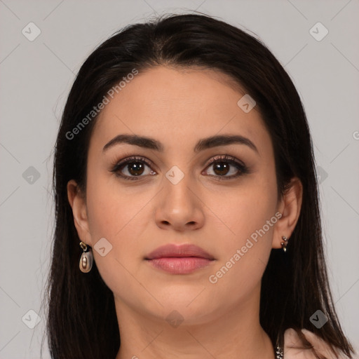 Neutral white young-adult female with long  brown hair and brown eyes
