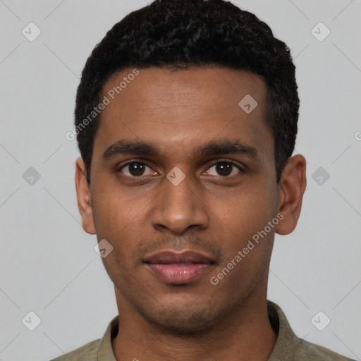 Neutral black young-adult male with short  black hair and brown eyes