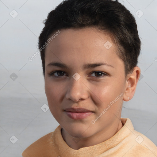 Joyful white young-adult female with short  brown hair and brown eyes