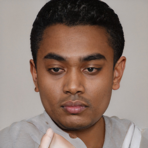 Neutral black young-adult male with short  black hair and brown eyes