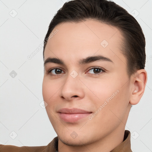 Joyful white young-adult female with short  brown hair and brown eyes