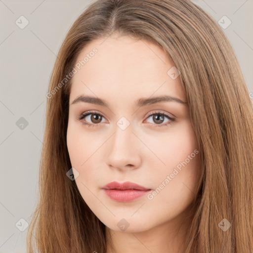 Neutral white young-adult female with long  brown hair and brown eyes