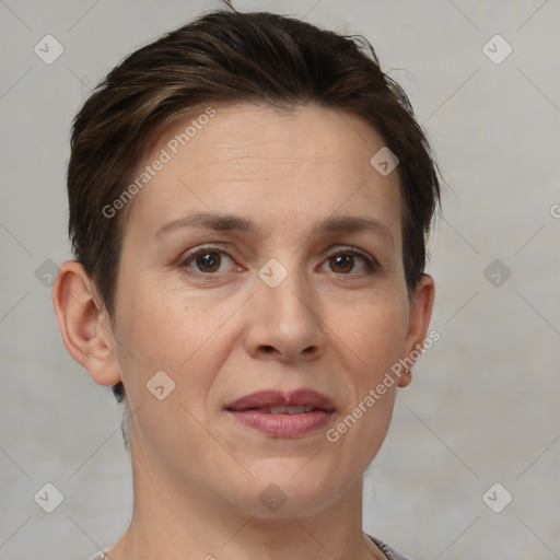 Joyful white adult female with short  brown hair and brown eyes