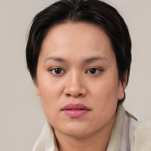 Neutral white young-adult female with medium  brown hair and brown eyes