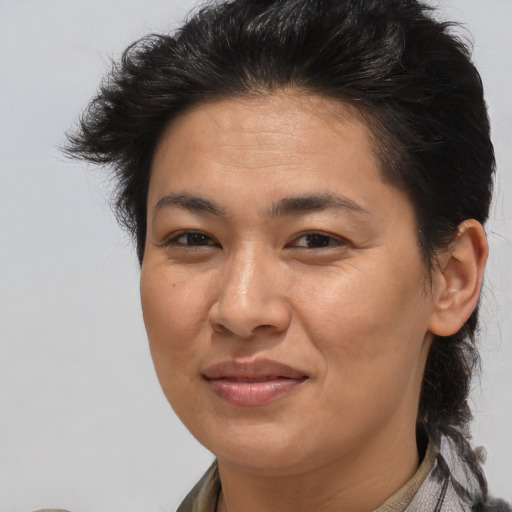 Joyful latino adult female with medium  brown hair and brown eyes