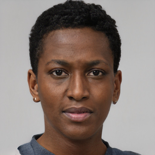 Neutral black young-adult female with short  black hair and brown eyes