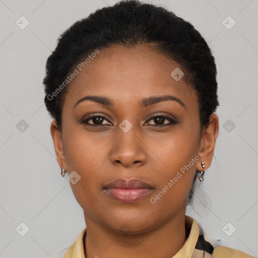 Neutral black young-adult female with short  brown hair and brown eyes
