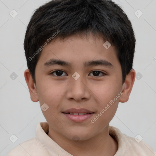 Joyful white child male with short  brown hair and brown eyes