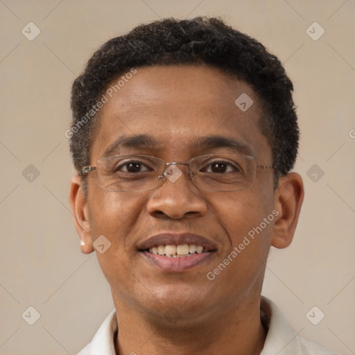 Joyful latino adult male with short  black hair and brown eyes