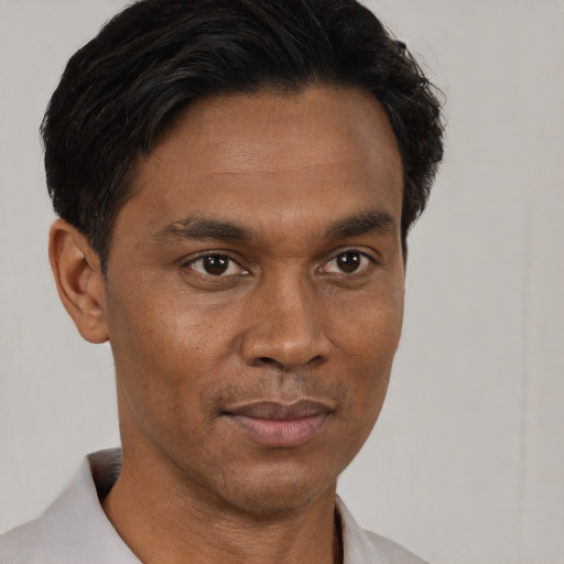 Neutral black young-adult male with short  black hair and brown eyes