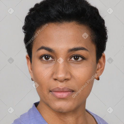 Neutral latino young-adult female with short  black hair and brown eyes