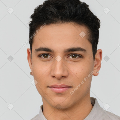 Neutral latino young-adult male with short  brown hair and brown eyes