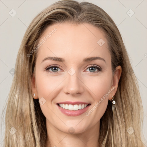 Joyful white young-adult female with long  brown hair and grey eyes