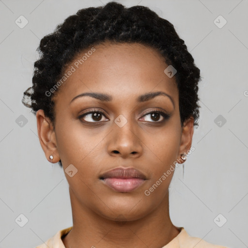 Neutral black young-adult female with short  black hair and brown eyes