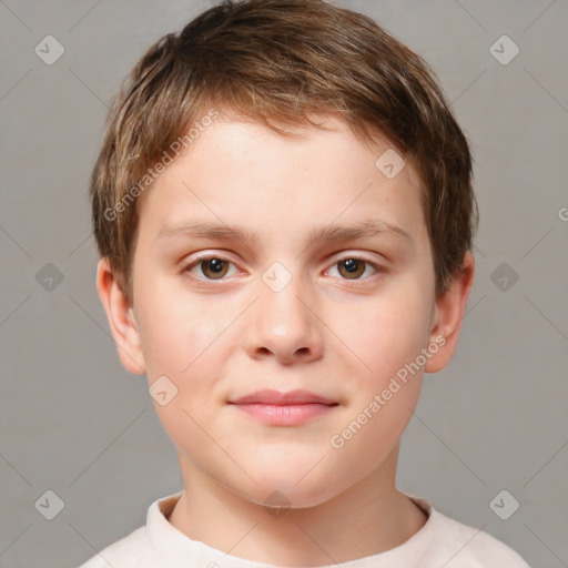 Joyful white child male with short  brown hair and brown eyes