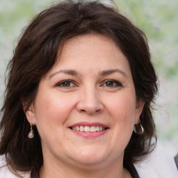 Joyful white adult female with medium  brown hair and brown eyes