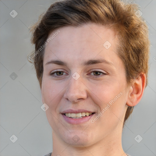 Joyful white young-adult female with short  brown hair and brown eyes