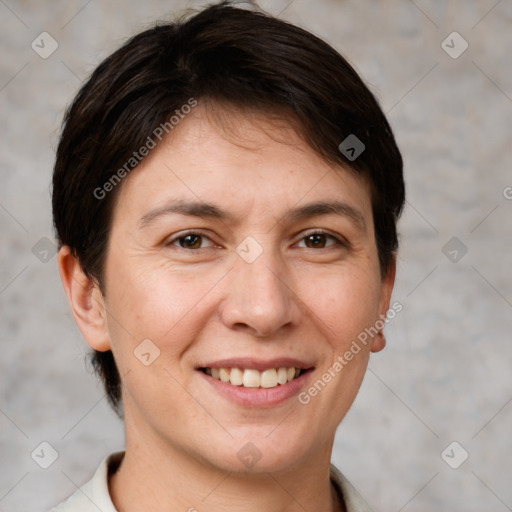 Joyful white adult female with short  brown hair and brown eyes