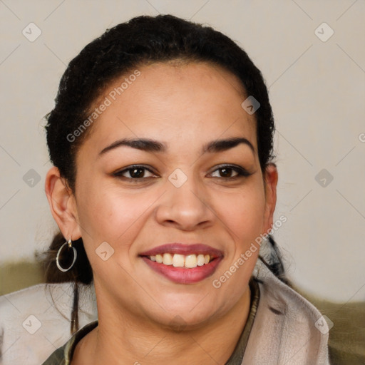 Joyful latino young-adult female with short  brown hair and brown eyes