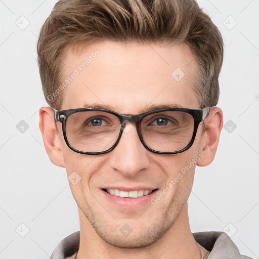 Joyful white adult male with short  brown hair and grey eyes