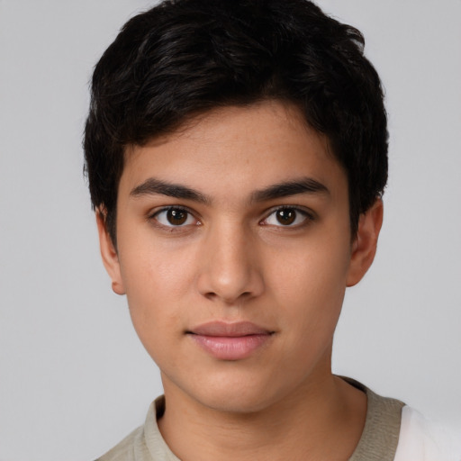 Neutral latino young-adult male with short  brown hair and brown eyes