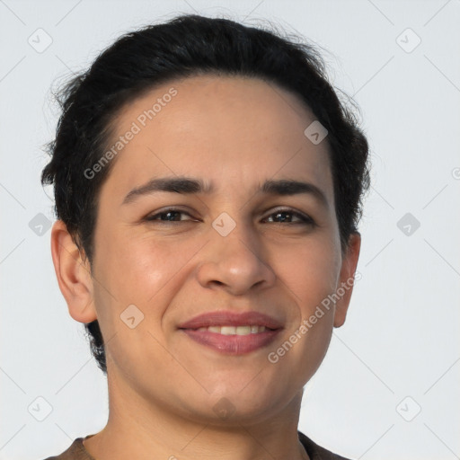 Joyful latino young-adult male with short  brown hair and brown eyes