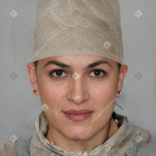 Joyful white young-adult female with short  brown hair and grey eyes