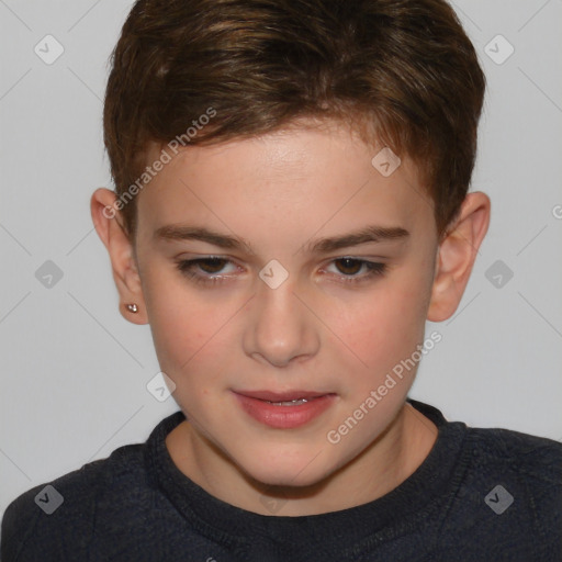 Joyful white child male with short  brown hair and brown eyes