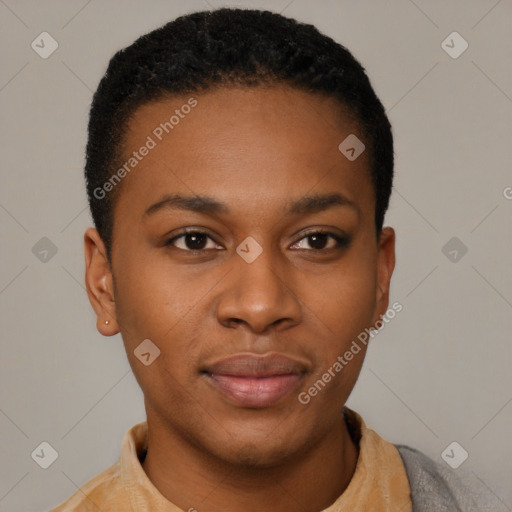 Neutral latino young-adult female with short  black hair and brown eyes