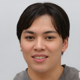 Joyful asian young-adult female with short  brown hair and brown eyes