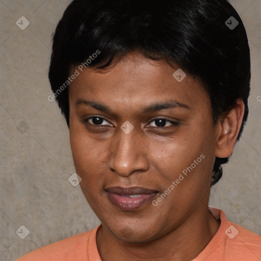 Joyful latino young-adult female with short  brown hair and brown eyes