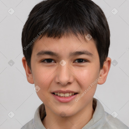 Joyful white child male with short  brown hair and brown eyes