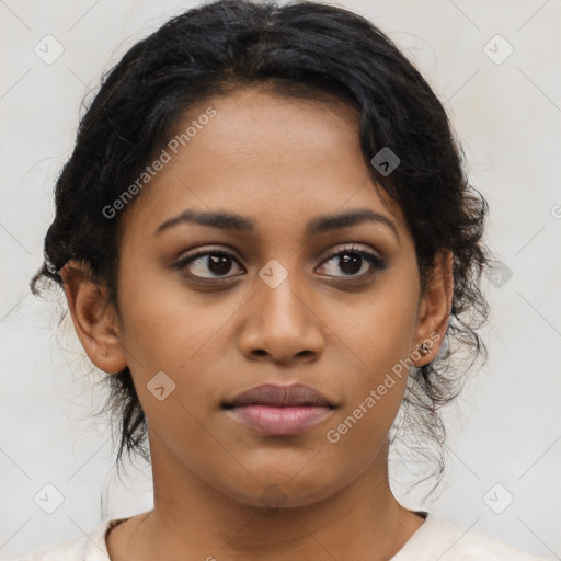 Joyful latino young-adult female with medium  brown hair and brown eyes