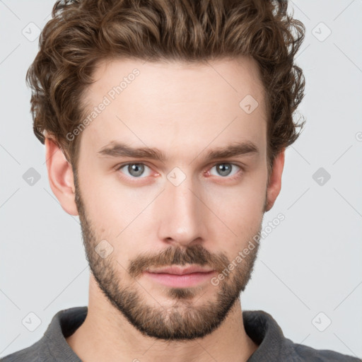 Neutral white young-adult male with short  brown hair and grey eyes