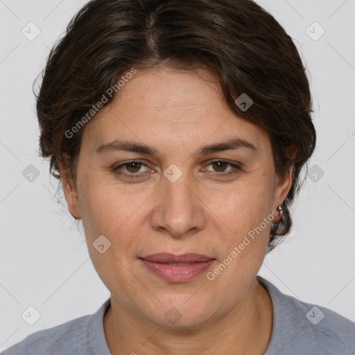 Joyful white adult female with short  brown hair and brown eyes