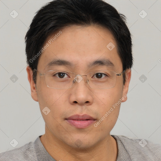 Neutral asian young-adult male with short  brown hair and brown eyes