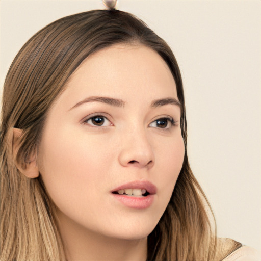 Neutral white young-adult female with long  brown hair and brown eyes