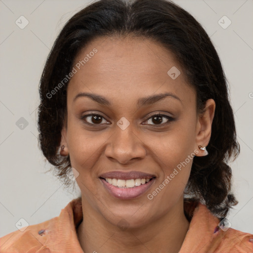 Joyful latino adult female with medium  brown hair and brown eyes