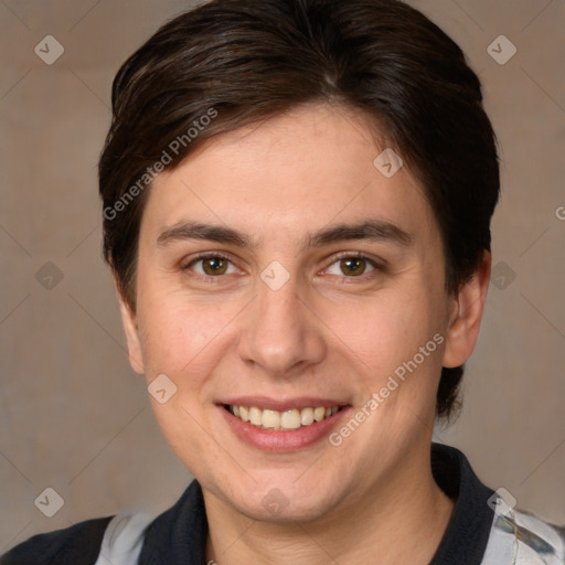 Joyful white young-adult female with medium  brown hair and brown eyes