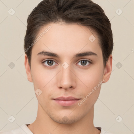 Neutral white young-adult male with short  brown hair and brown eyes