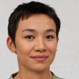 Joyful asian young-adult female with short  brown hair and brown eyes