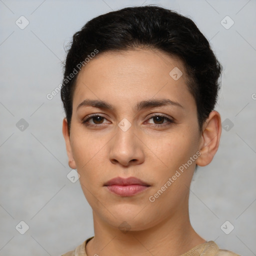 Neutral white young-adult female with short  brown hair and brown eyes