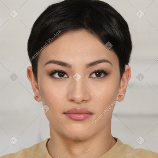 Joyful asian young-adult female with short  brown hair and brown eyes